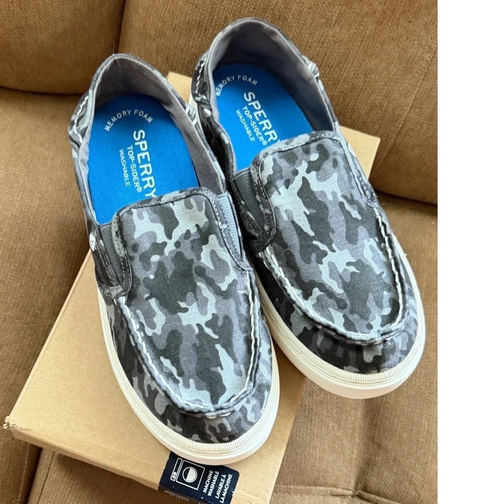Sperry Salty Washable Boys Grey Camo Slip On Boat Shoes Sneakers 2M SCK265985